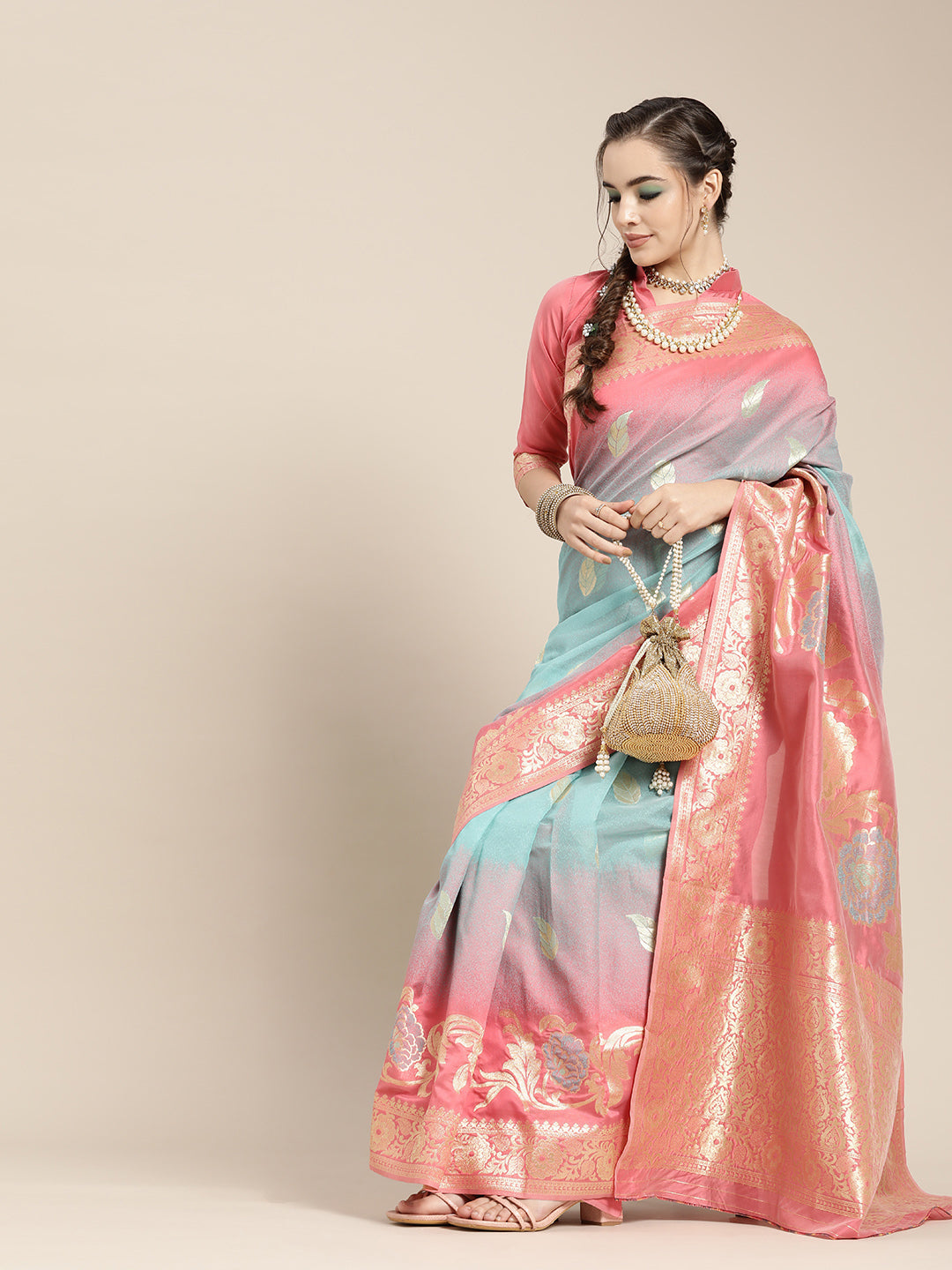 Saree Mall Pink & Blue Floral Dyed Banarasi Saree - Distacart
