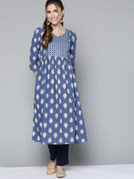Thumbnail for HERE&NOW Women Navy Blue & Mustard Yellow Ethnic Printed Gotta Patti Pure Cotton Kurta - Distacart