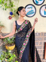 Thumbnail for Mitera Black & Pink Floral Sequinned Saree - Distacart