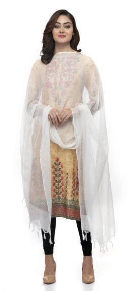 A R Silk Women&#39;s Cotton Self Check White Regular Dupatta