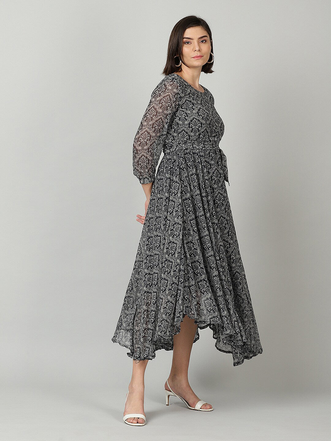 Souchii Women Grey & Black Ethnic Motifs Chiffon A-Line Midi Dress - Distacart