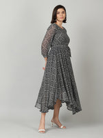 Thumbnail for Souchii Women Grey & Black Ethnic Motifs Chiffon A-Line Midi Dress - Distacart