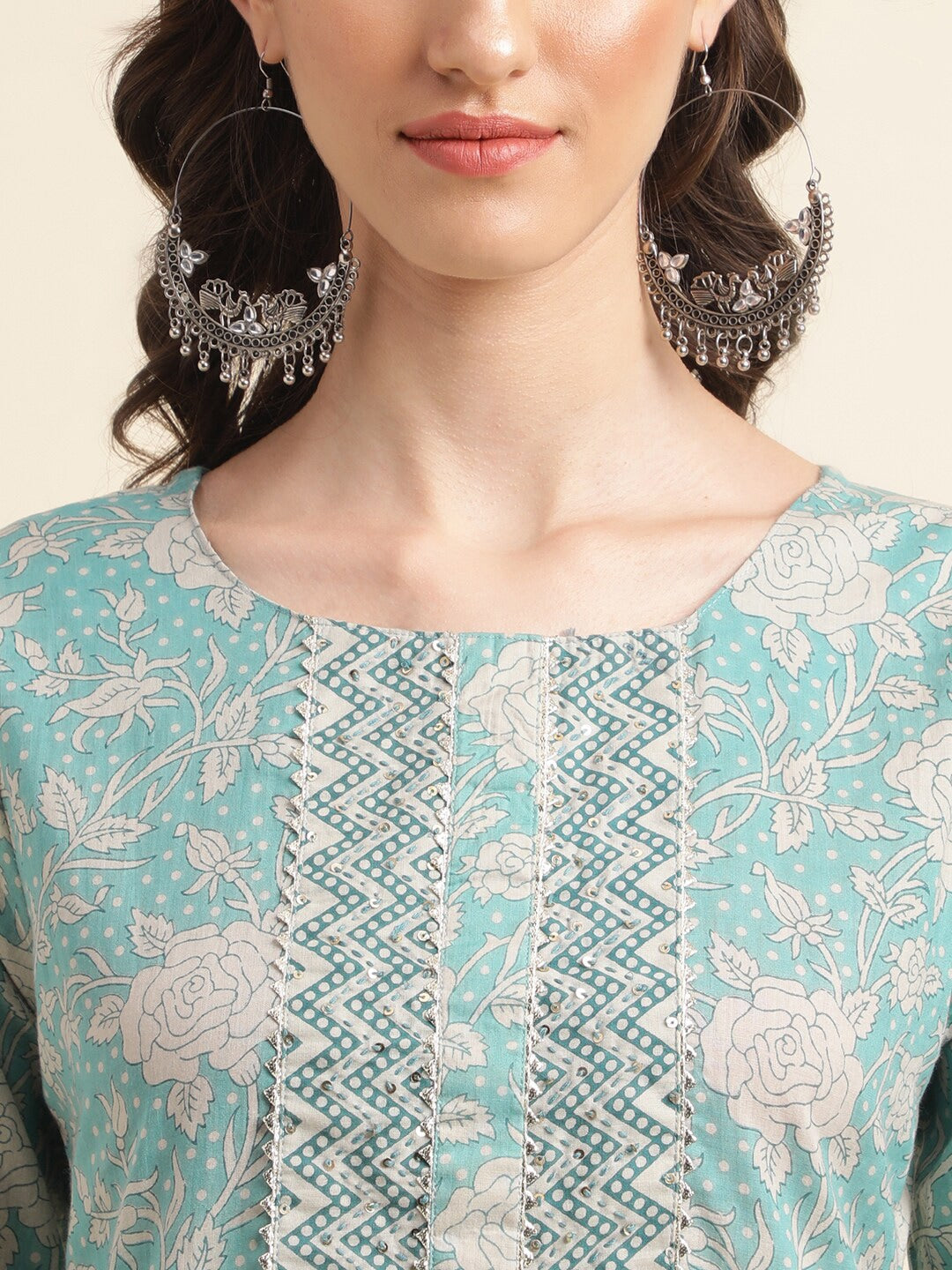 Sangria Green & Cream Floral Printed Pure Cotton Straight Kurta With Trouser - Distacart