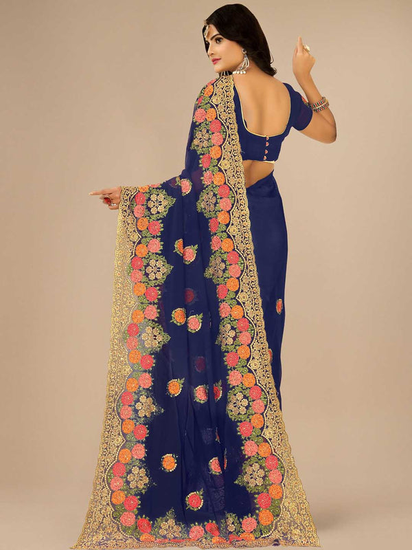 Kalini Floral Embroidered Pure Georgette Saree - Distacart