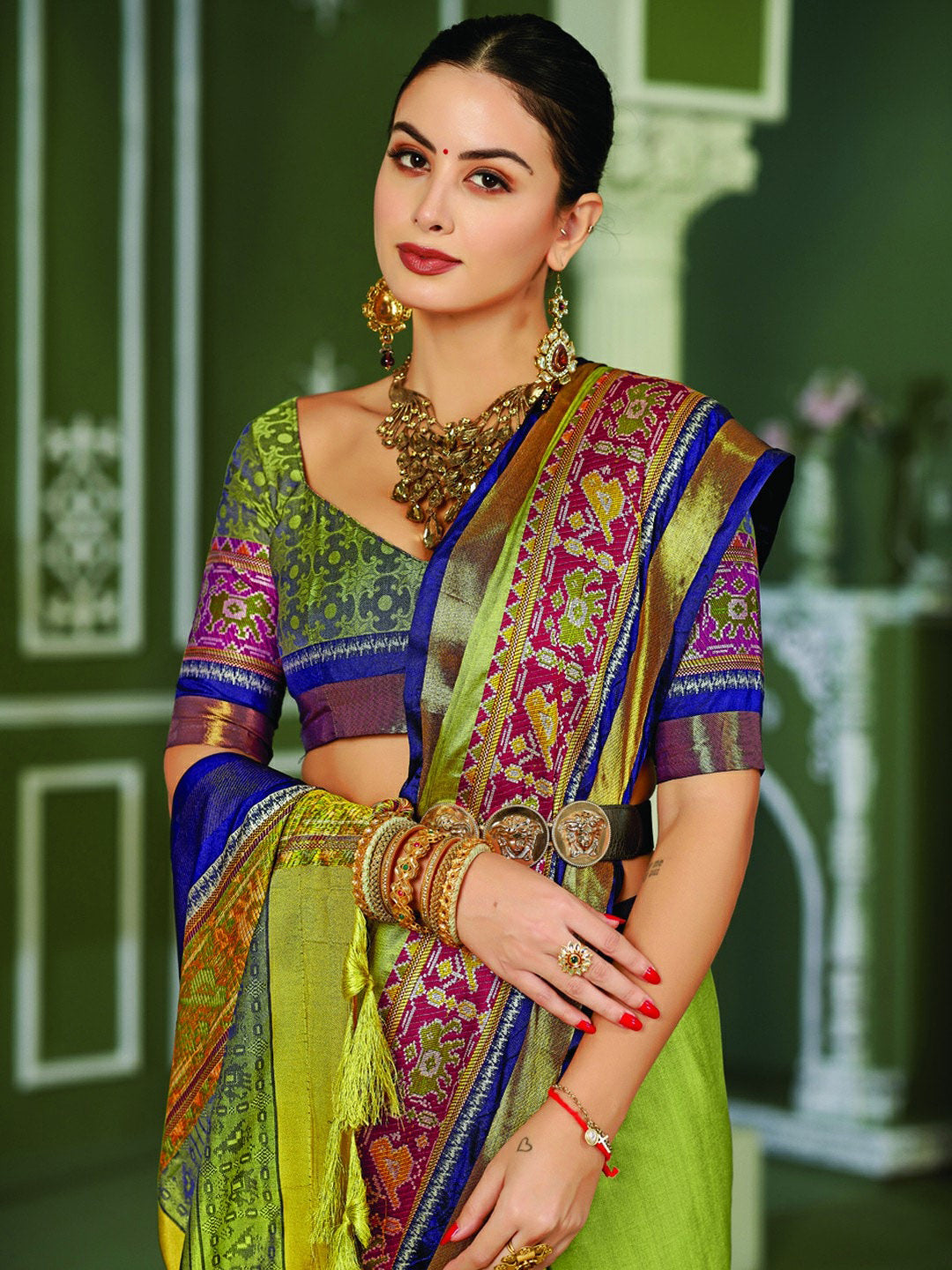 Mitera Olive Green & Blue Zari Pure Silk Banarasi Saree - Distacart