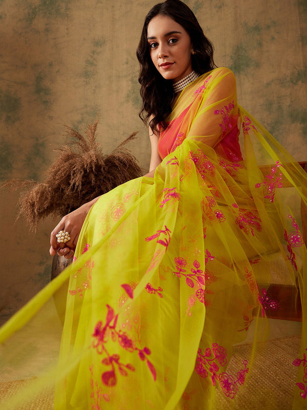 Sangria Floral Embroidered Sequins Details Net Saree - Distacart