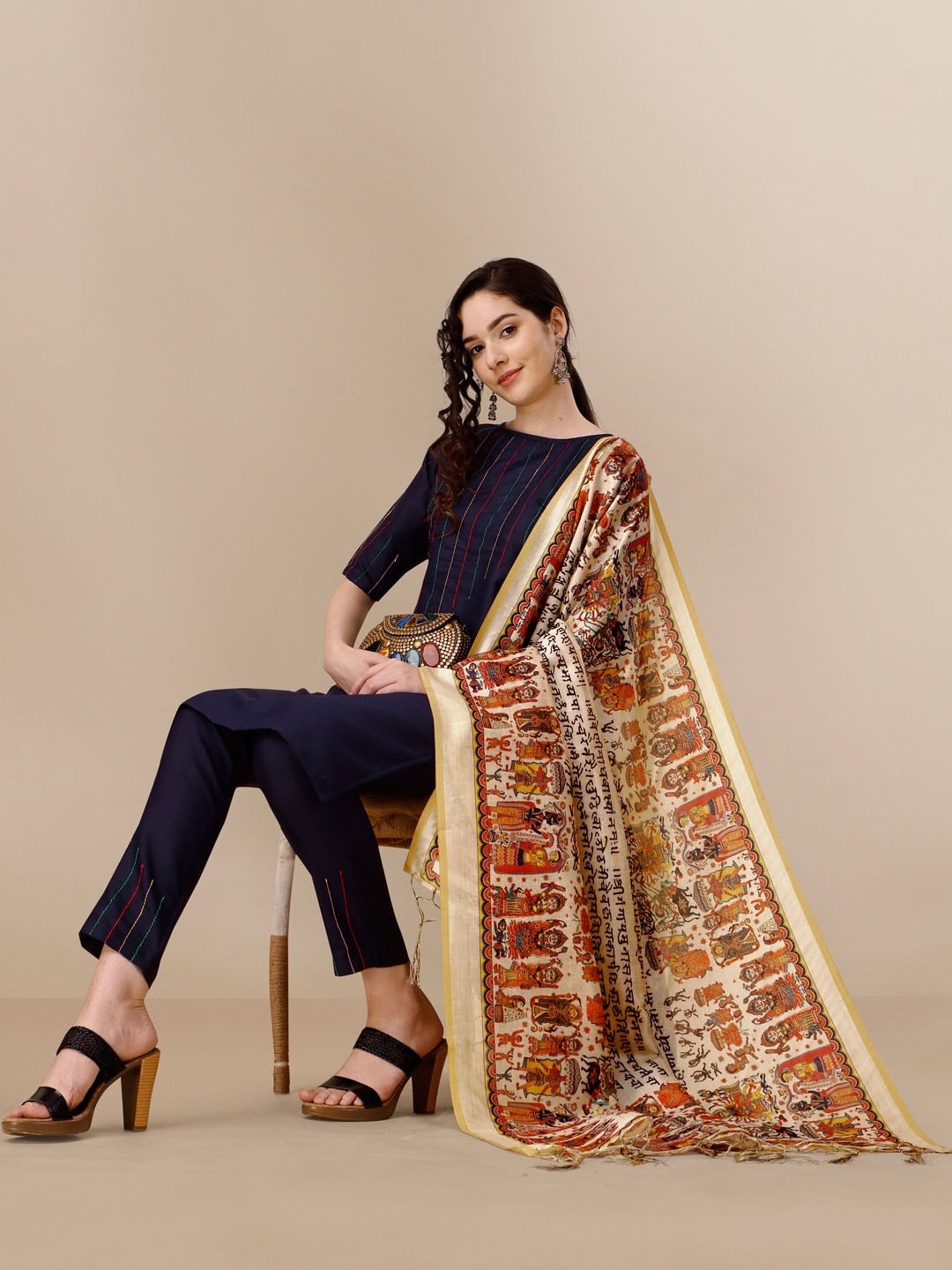 Kalini Women Striped Kurta with Trousers with Digital Print Dupatta - Distacart