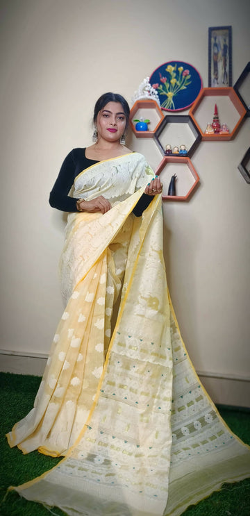 Exclusive Collection Handloom Dhakai Jamdani Saree - Light Yellow - Distacart