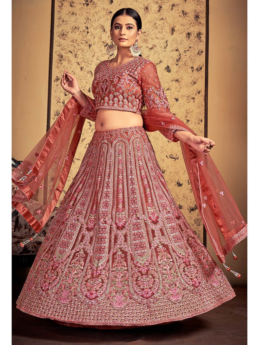 Myra Pink Taupe Soft Net Heavy Embroidered Designer Lehenga - Distacart