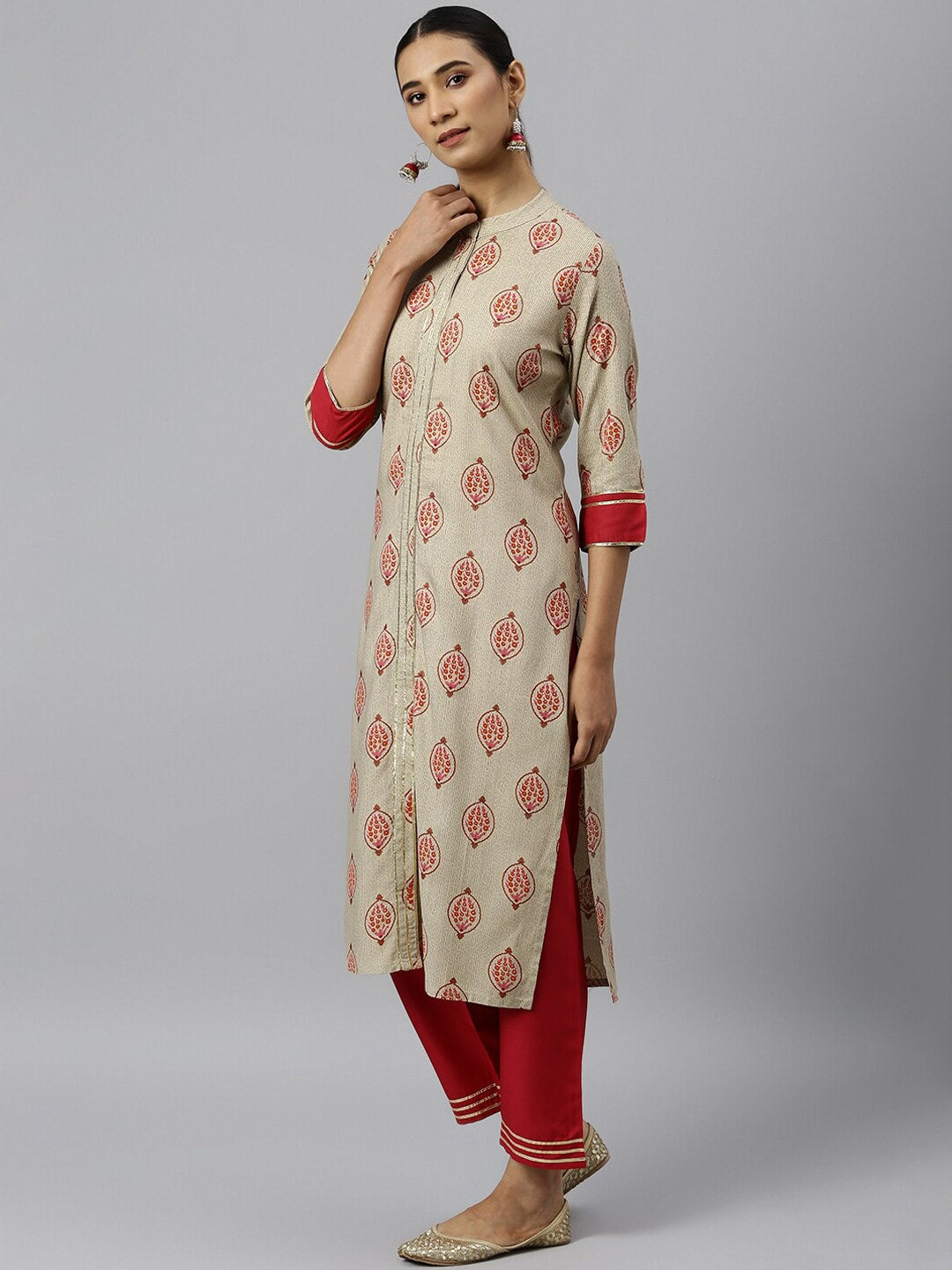 Khushal K Women Cream-Coloured Ethnic Motifs Printed Regular Gotta Patti Kurta with Palazzos - Distacart