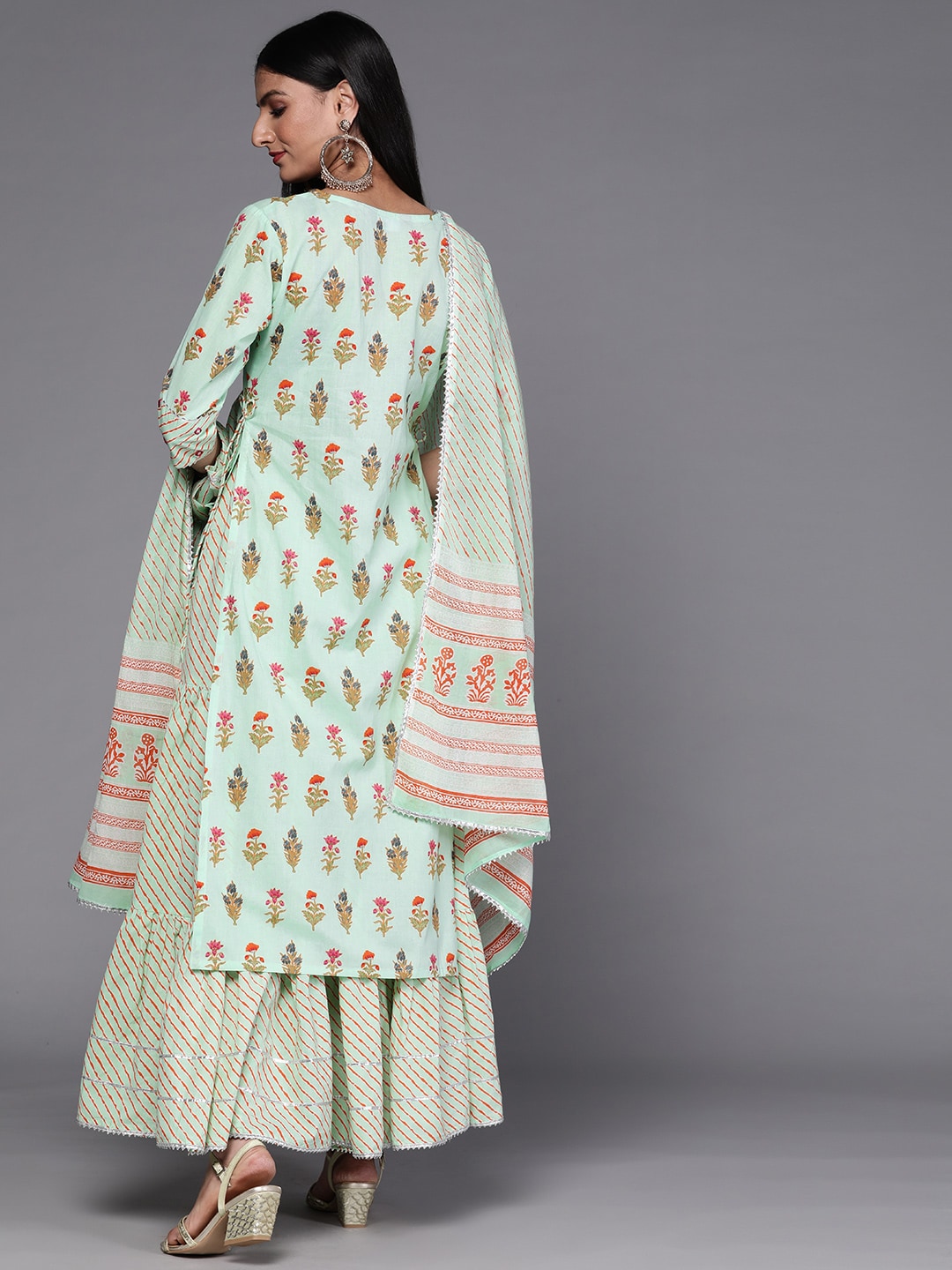 Libas Green Floral Printed Pure Cotton Kurta with Skirt & With Dupatta - Distacart