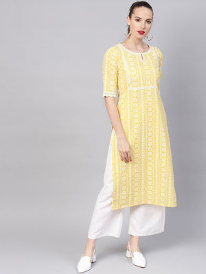 Libas Yellow & White Block Print Straight Kurta - Distacart