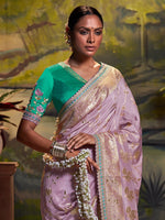 Thumbnail for Mitera Lavender & Blue Ethnic Motifs Woven Design Zari Silk Blend Banarasi Saree - Distacart