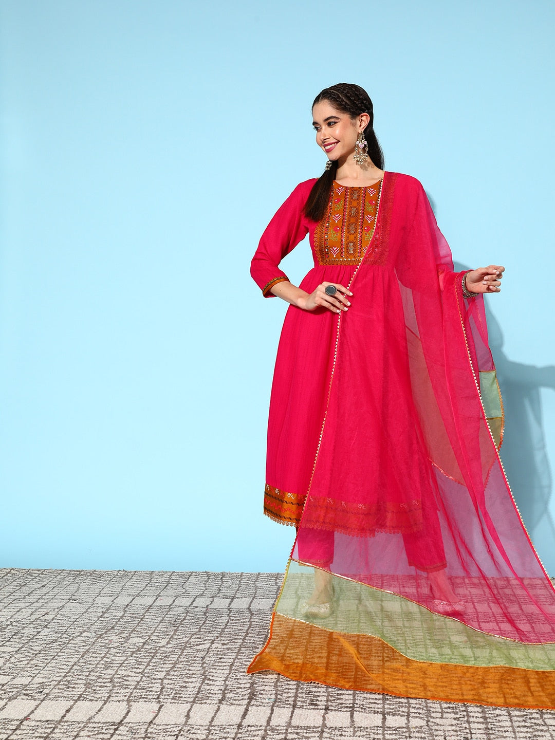 Sangria Ethnic Motifs Yoke Design Pleated Sequinned Kurta with Trousers & Dupatta - Distacart