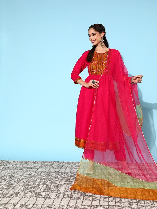 Sangria Ethnic Motifs Yoke Design Pleated Sequinned Kurta with Trousers & Dupatta - Distacart