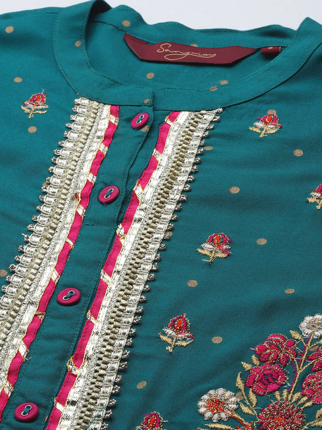 Sangria Women Teal Green & Golden Floral Embroidered Kurta with Trousers - Distacart