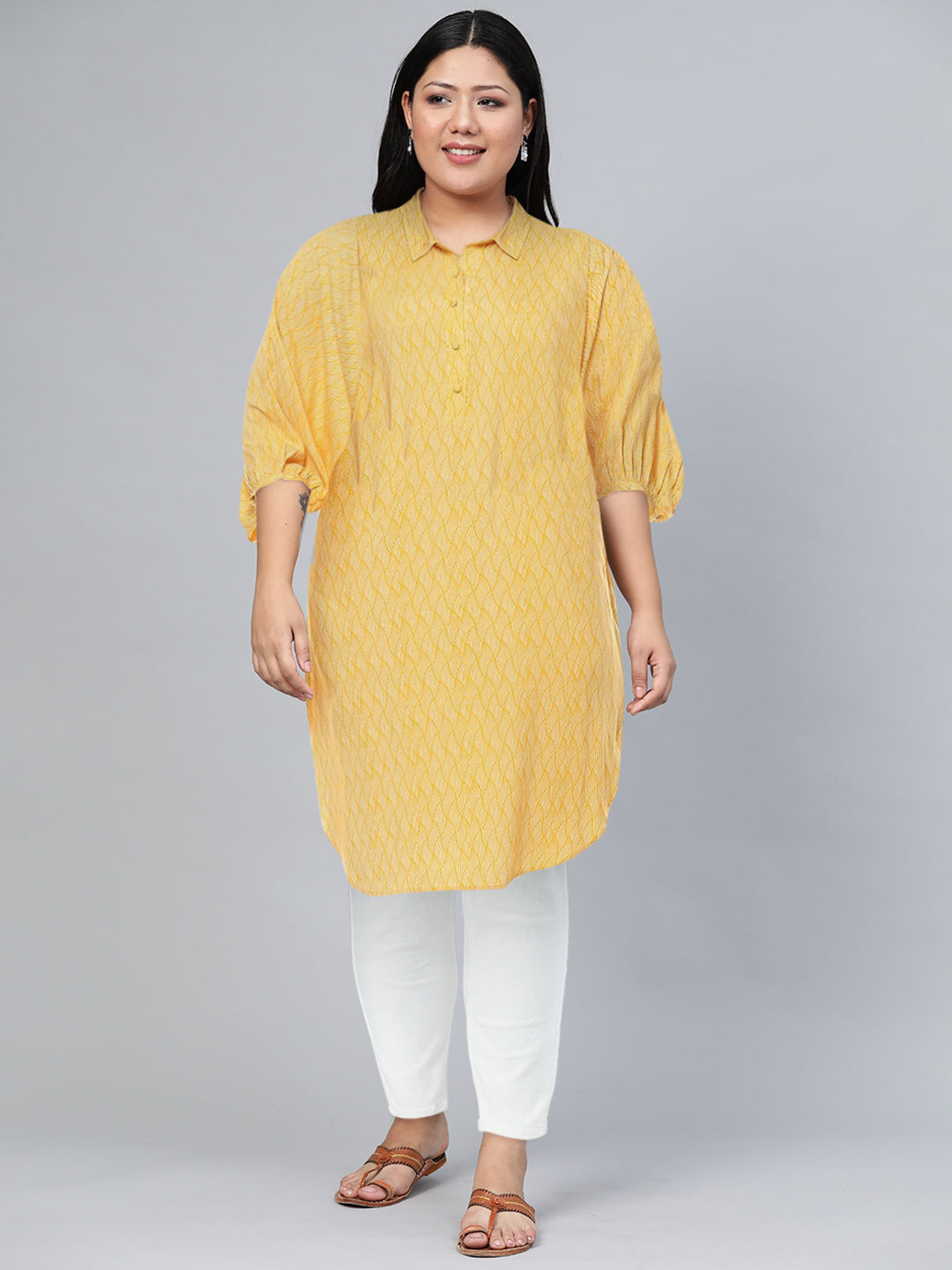 Biba Abstract Printed Batwing Sleeves Shirt Collar Kurta - Distacart