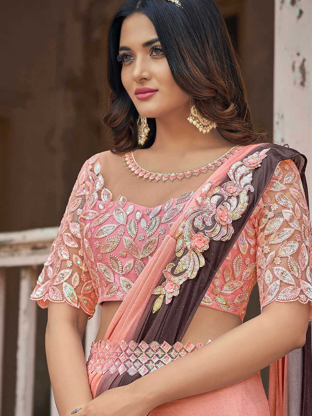 Mitera Pink & Brown Embellished Sequinned Ready to Wear Saree - Distacart