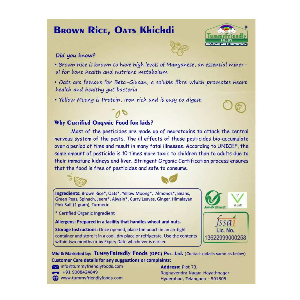 TummyFriendly Foods Organic Brown Rice, Oats Khichdi Mix for Toddler, 1 Year - Distacart