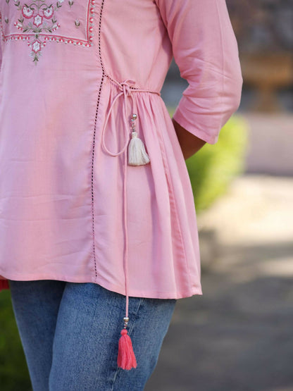 Juniper Women's Pink Rayon Staple Solid With Embroidery Straight Tunic - Distacart
