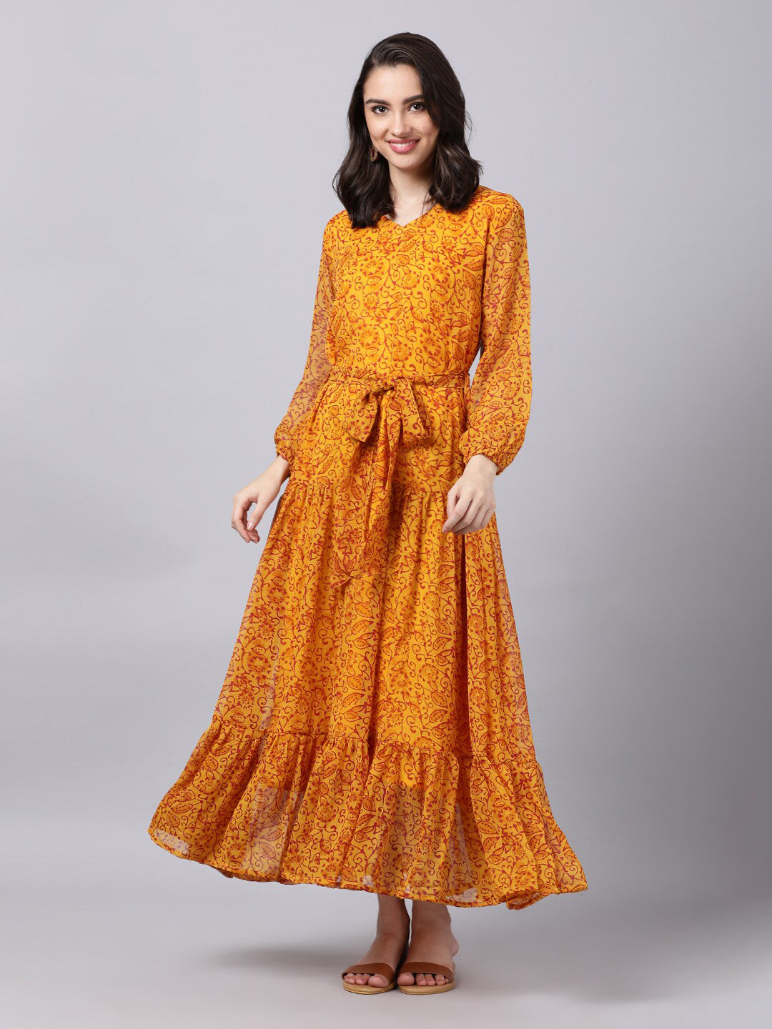 Souchii Yellow Floral Layered Chiffon Maxi Dress - Distacart