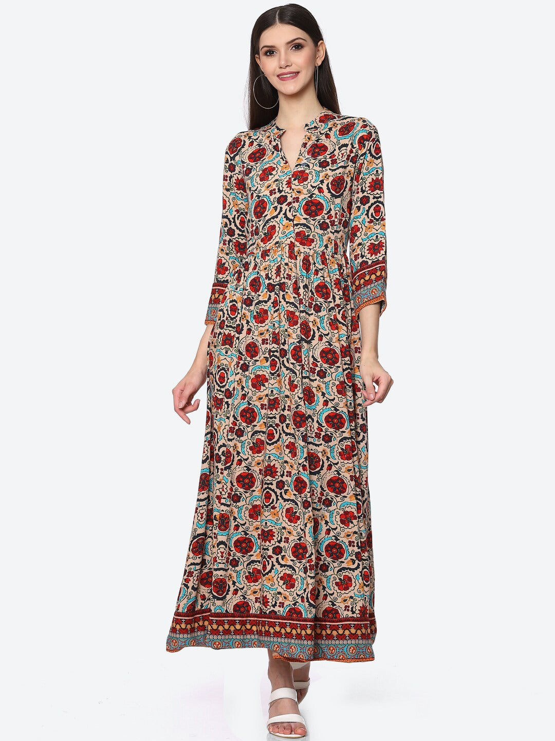 Biba Women Beige Floral Printed Anarkali Kurta - Distacart