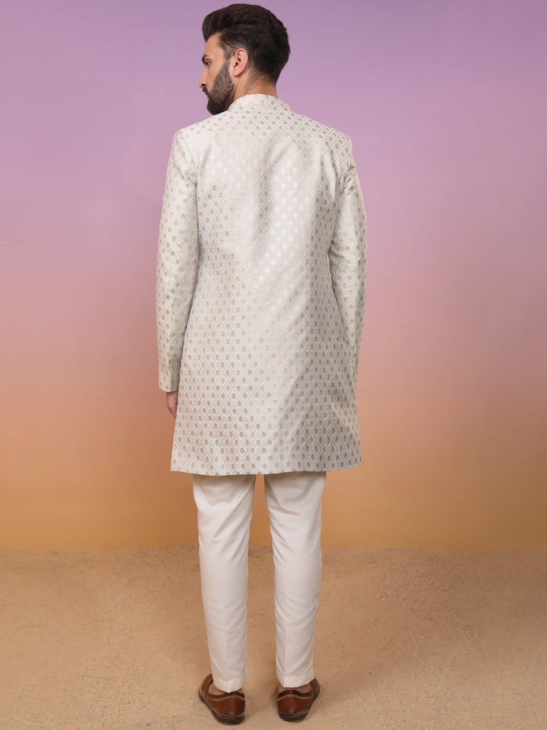 KISAH Ethnic Motifs Woven Design Mandarin Collar Sherwani Set - Distacart