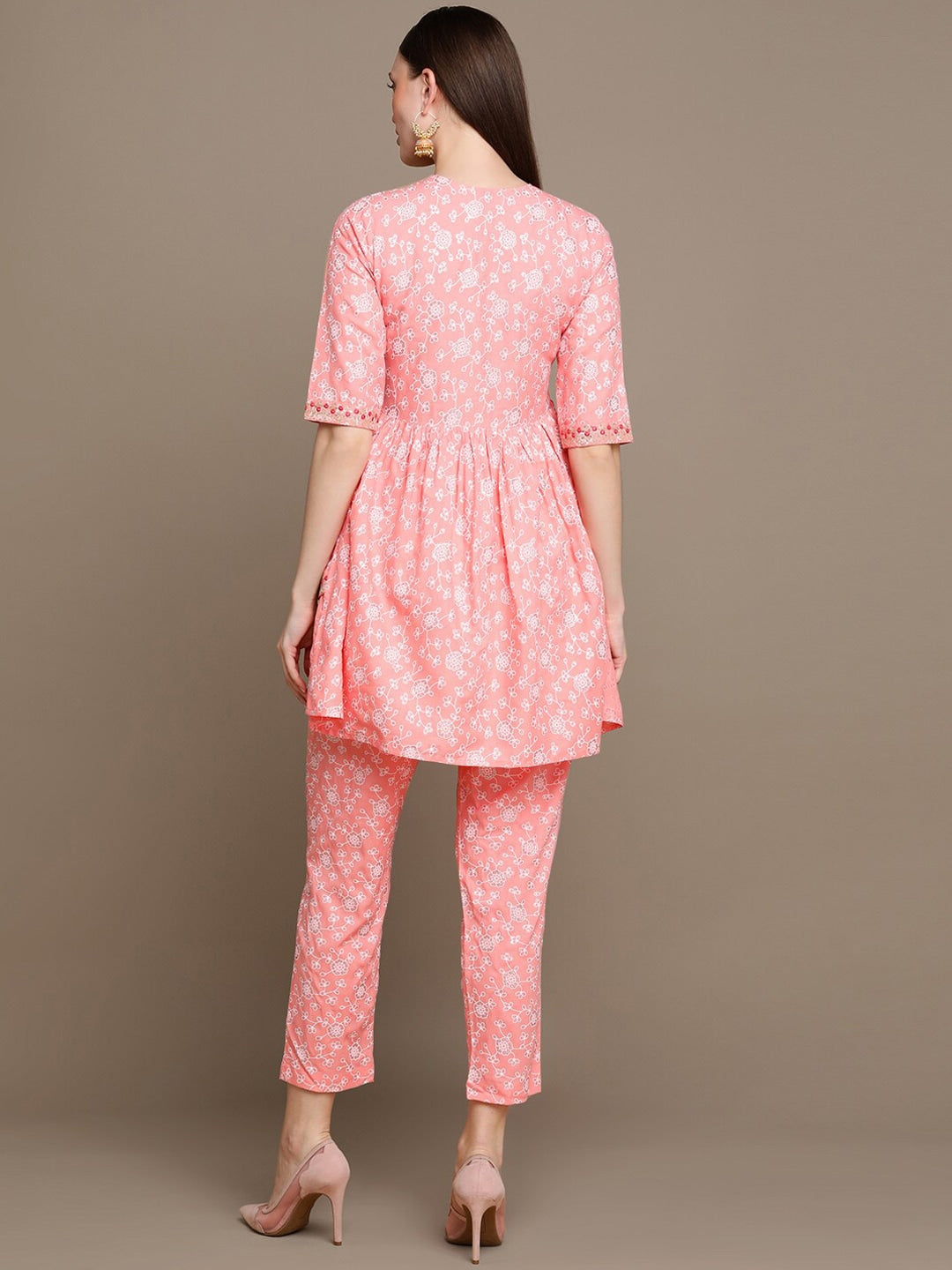 HERE&NOW Floral Printed Embroidered Sequinned High-Low Kurti with Trouserss - Distacart