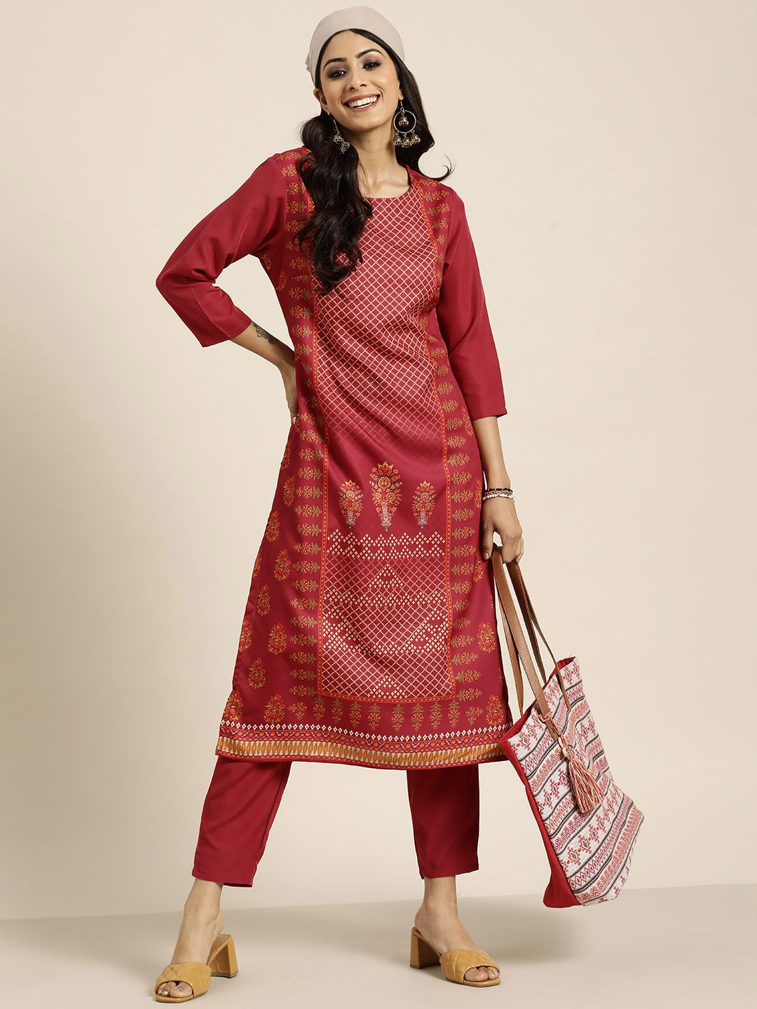 Sangria Women Maroon Ethnic Motifs Printed Kurta with Trousers - Distacart