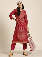 Thumbnail for Sangria Women Maroon Ethnic Motifs Printed Kurta with Trousers - Distacart