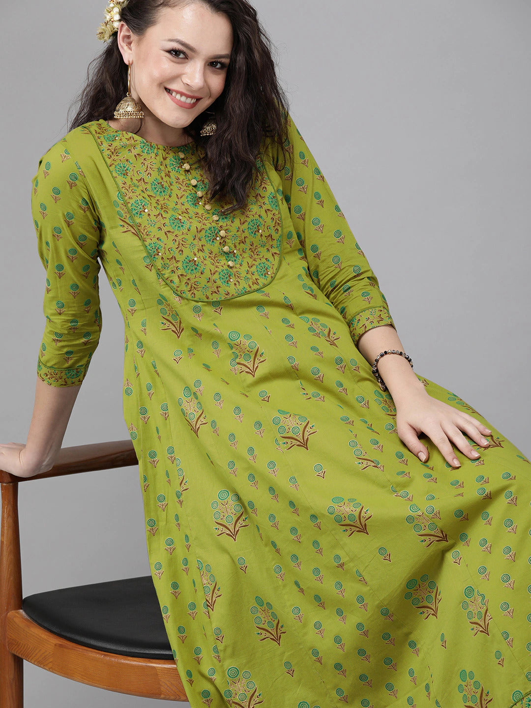 Yufta Women Green & Brown Printed A-Line Panelled Kurta - Distacart