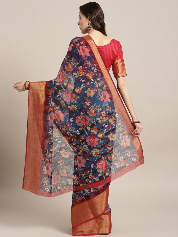 Saree Mall Navy Blue & Red Linen Blend Printed Saree - Distacart