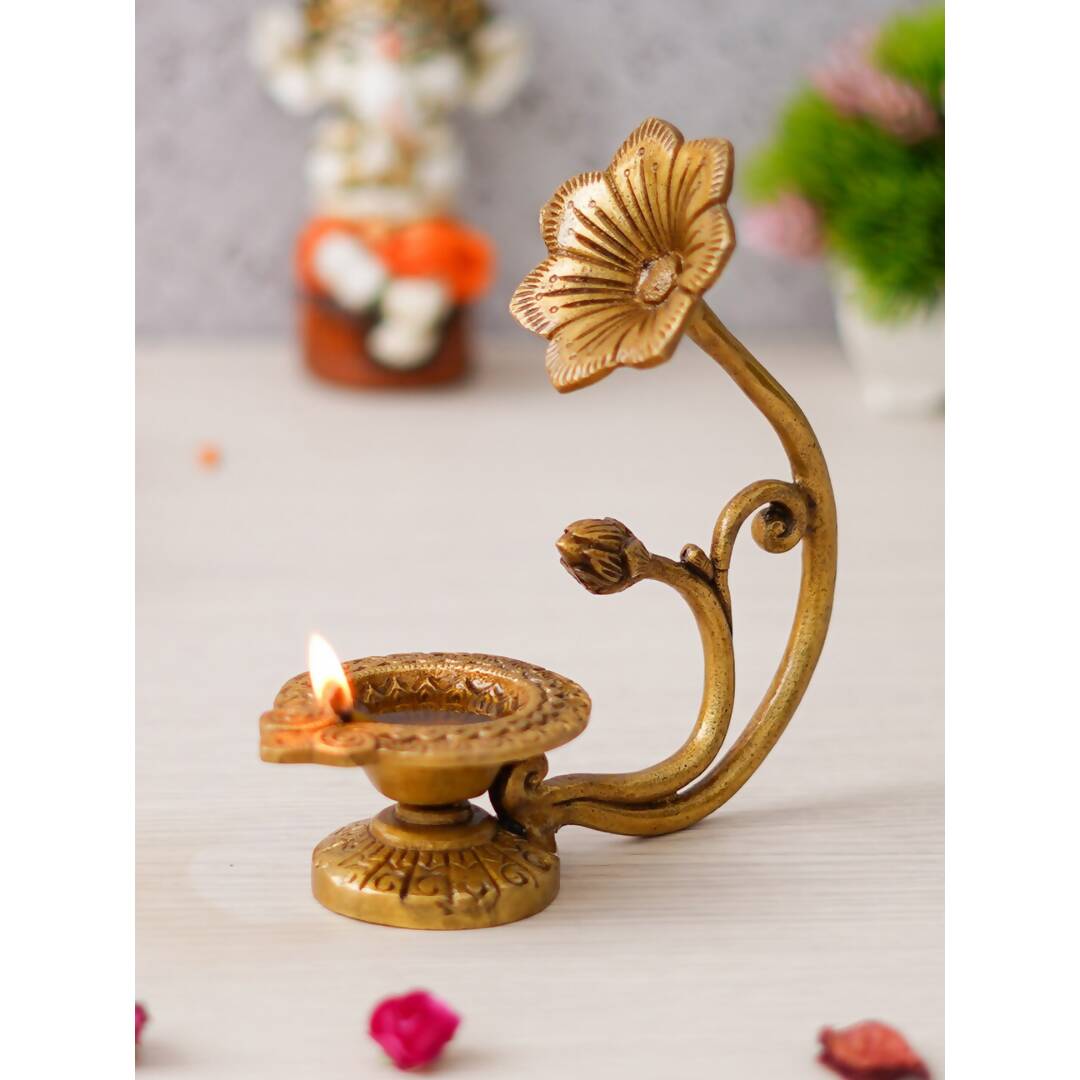 eCraftIndia Gold Toned Flower Shaped Brass Diya With Floral Handle - Distacart