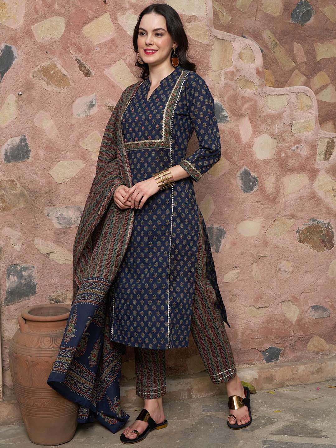 Sangria Printed Pure Cotton Kurta with Trousers & With Dupatta - Distacart