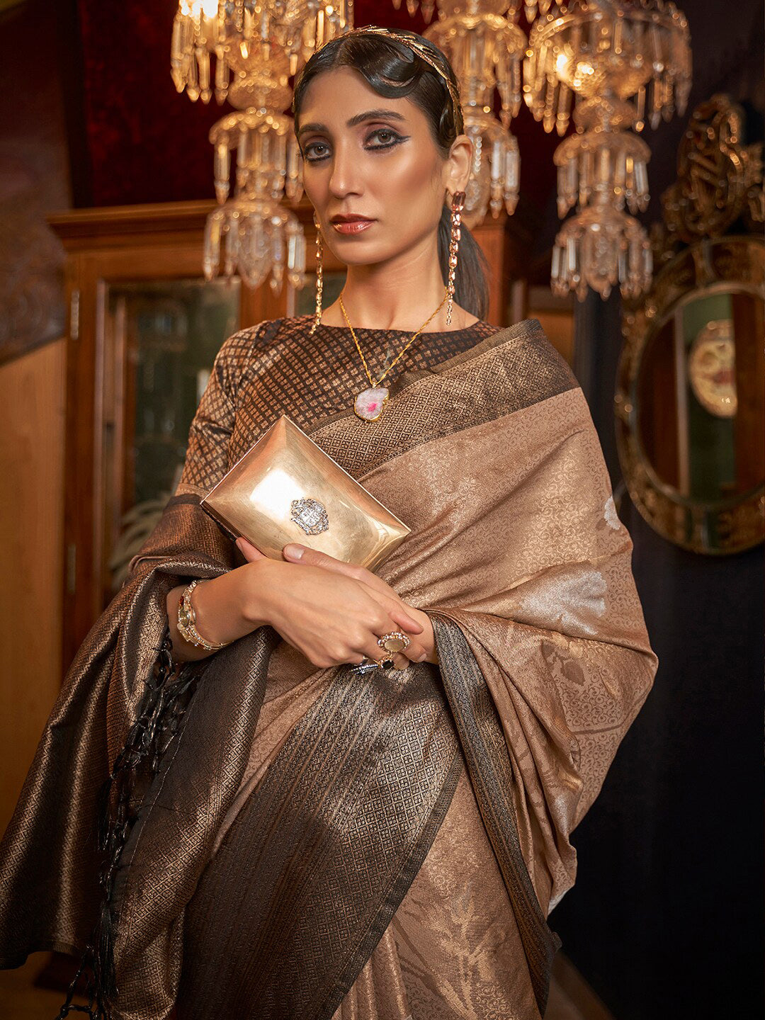 Mitera Beige & Gold-Toned Woven Design Zari Silk Blend Banarasi Saree - Distacart