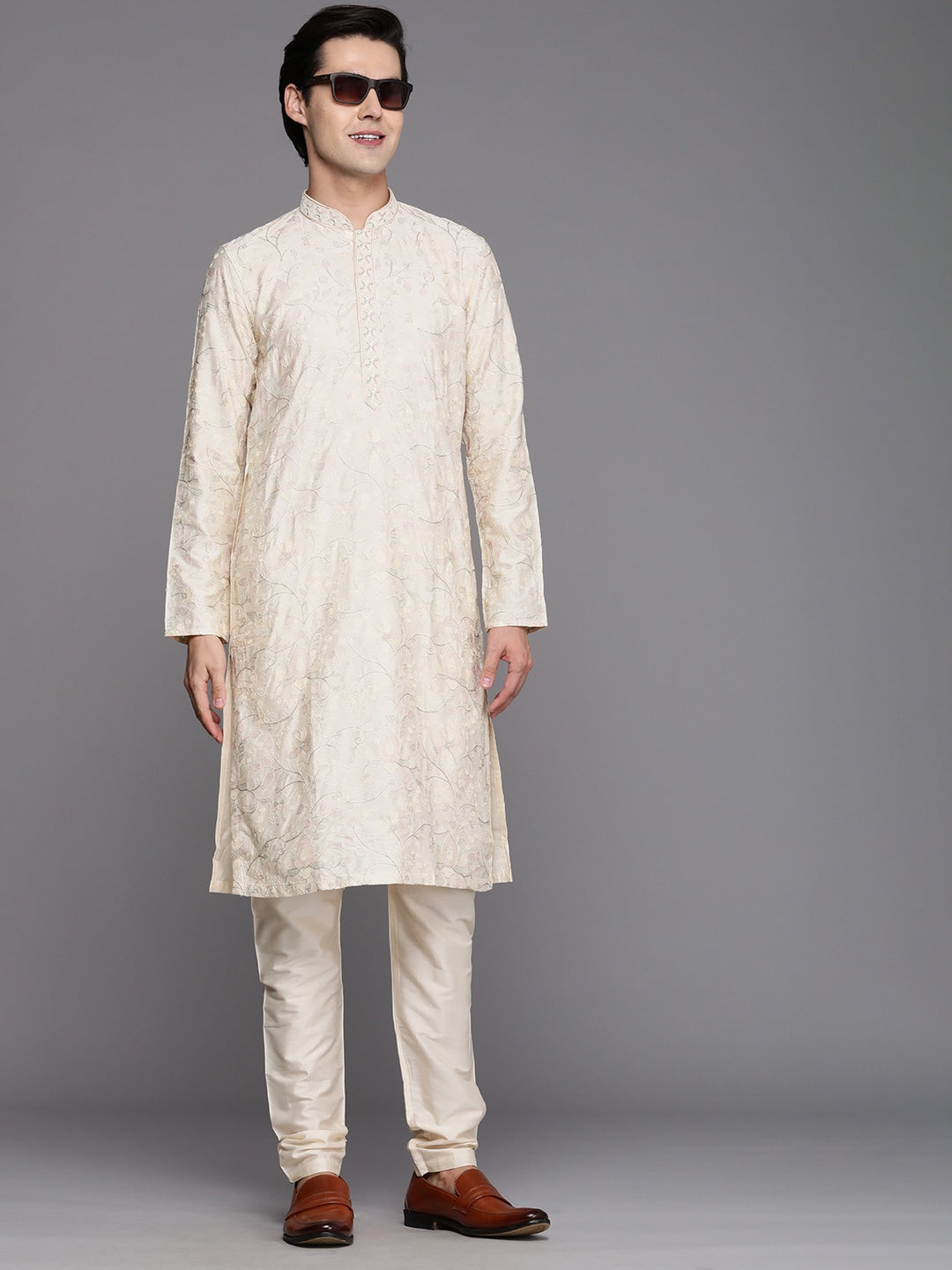 Manyavar Men Cream-Coloured Ethnic Motifs Printed Thread Work Kurta with Churidar - Distacart