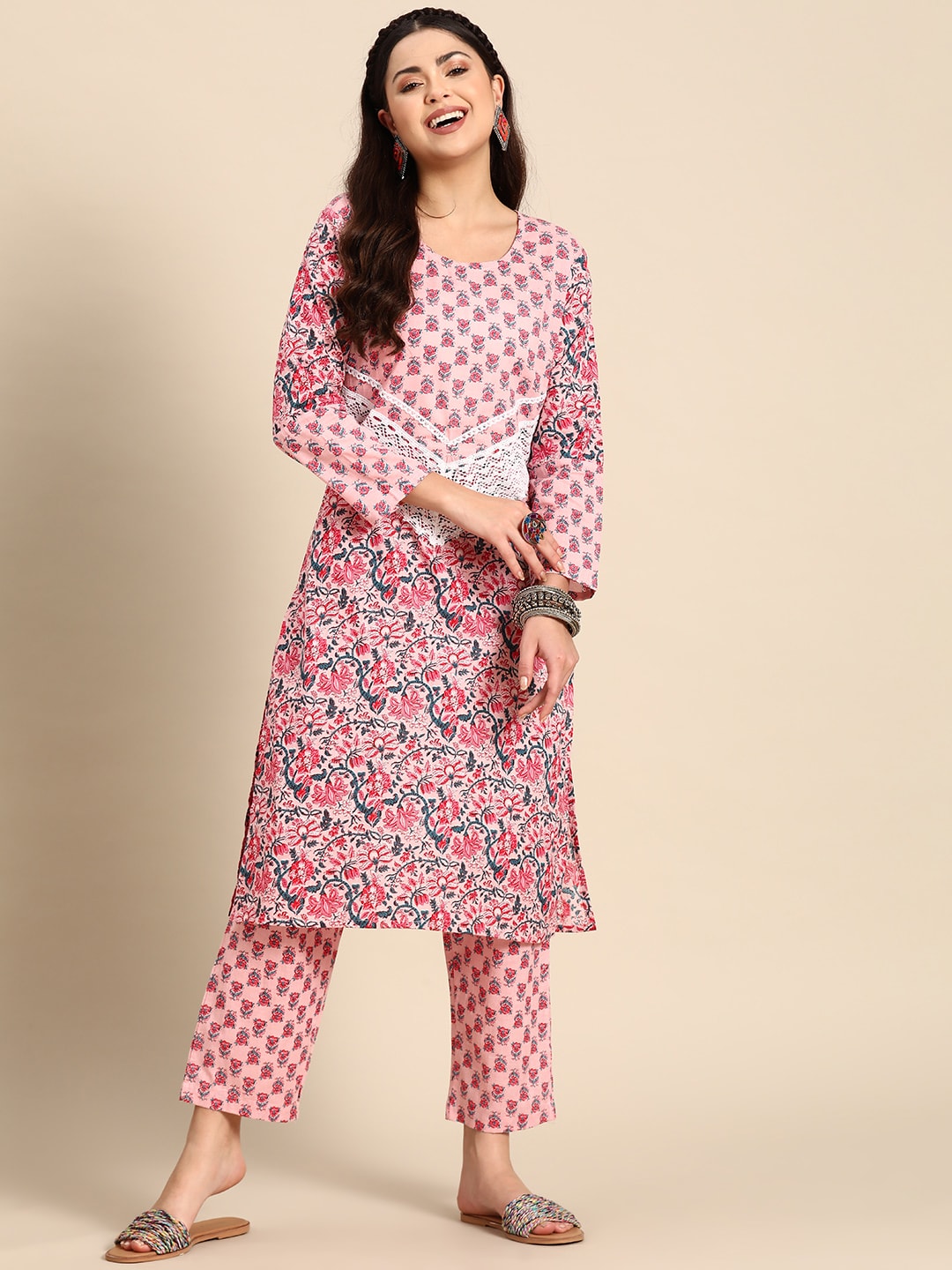 Sangria Floral Printed Regular Pure Cotton Kurta with Palazzos - Distacart