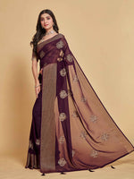 Thumbnail for Sangria Coffee Brown Ethnic Motifs Embroidered Zari Pure Georgette Saree - Distacart