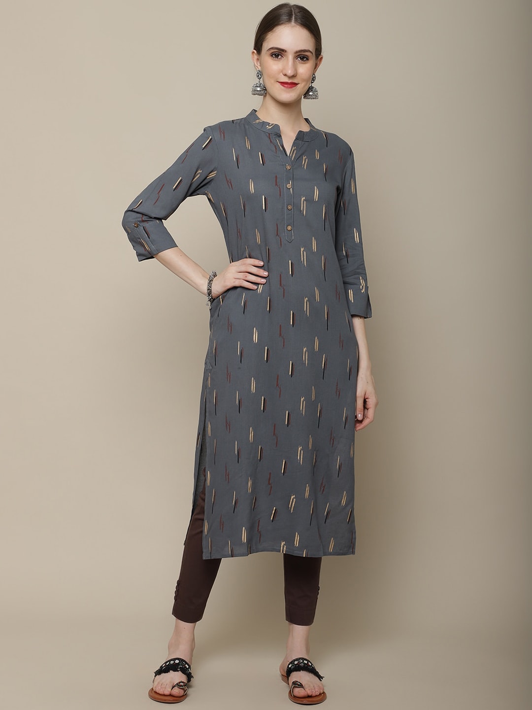 Sangria Women Charcoal & Beige Printed Kurta - Distacart