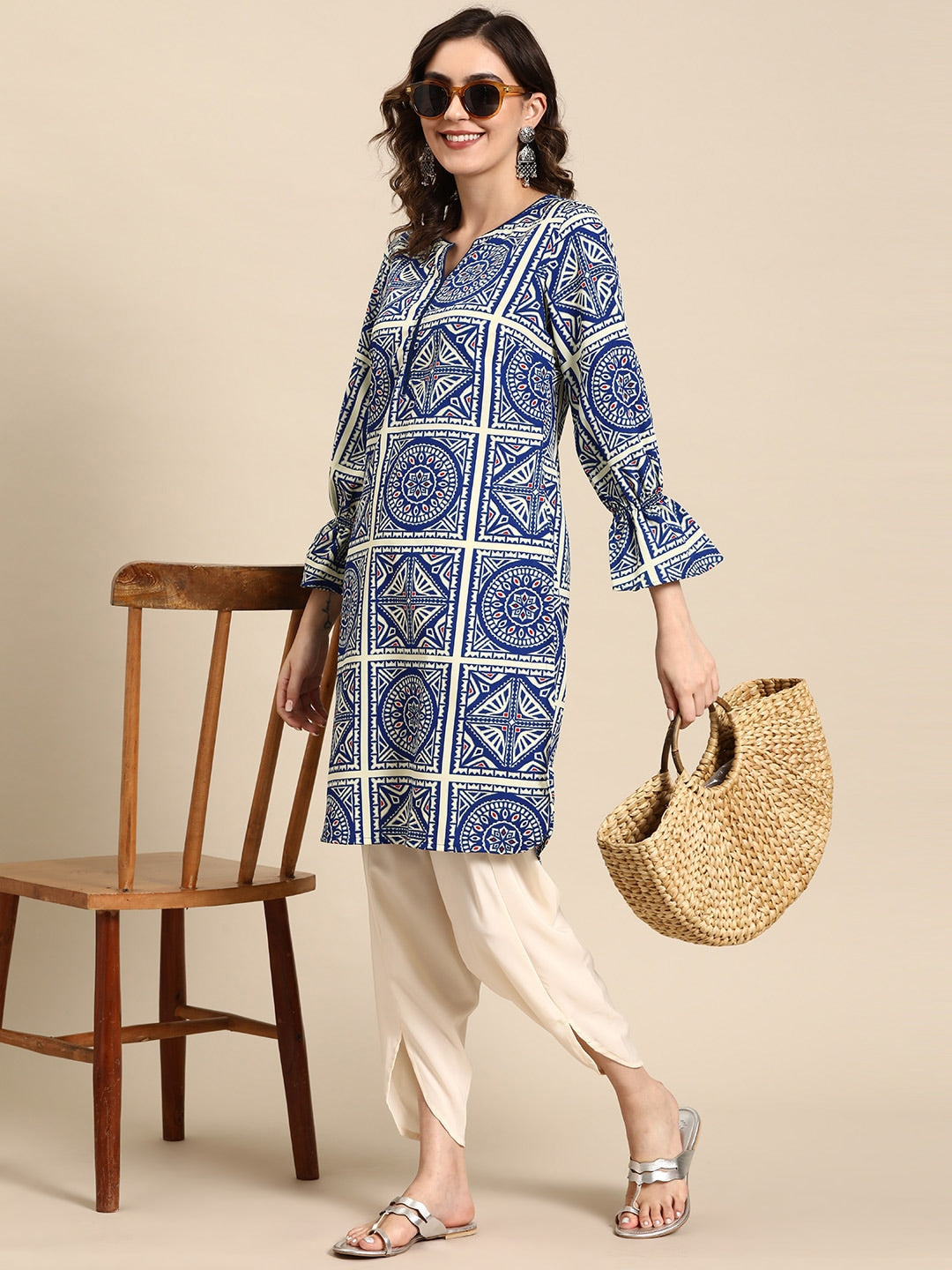 Sangria Ethnic Motifs Printed Puff Sleeves Kurta with Dhoti Pants - Distacart