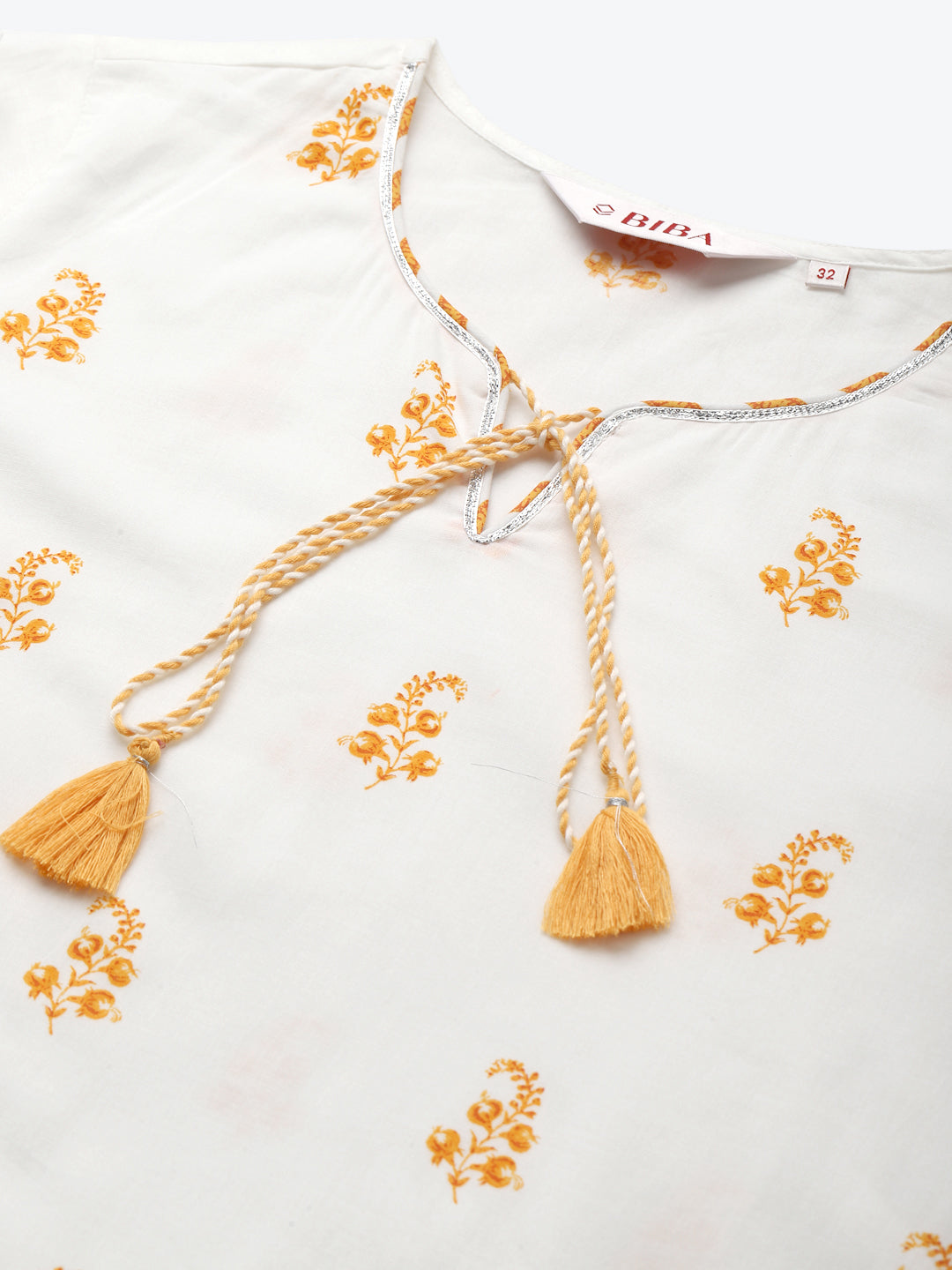 Biba Women White Yellow Printed Pure Cotton A-Line Asymmetric Kurta - Distacart