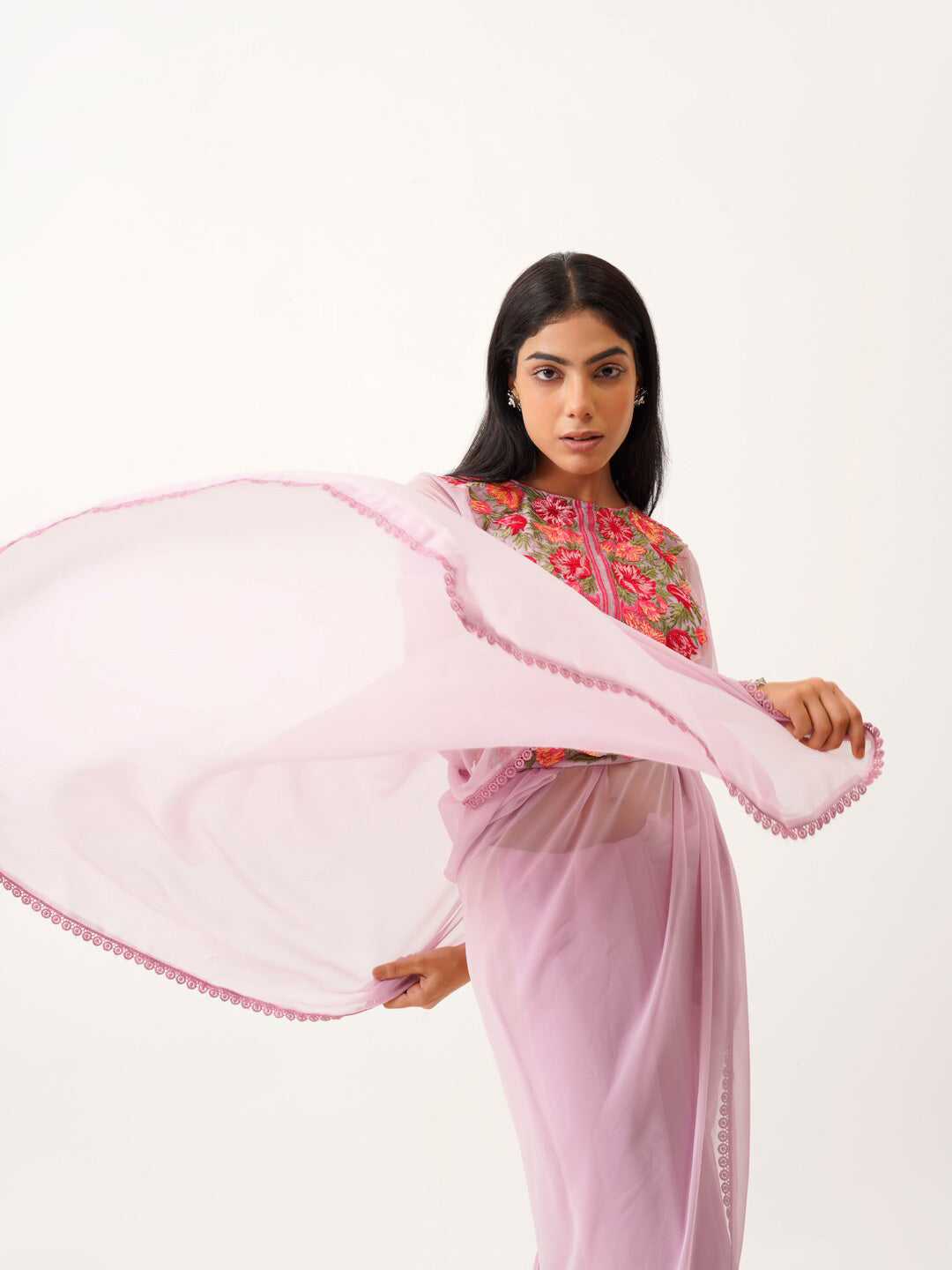 Tikhi Imli Lavender & Pink Floral Embroidered Belted Saree - Distacart