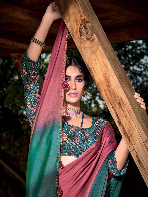 Saree Mall Mauve & Turquoise Blue Ombre Embellished Sarees - Distacart