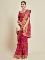 Thumbnail for Sangria Pink Woven Design Zari Detail Poly Georgette Bandhani Saree - Distacart