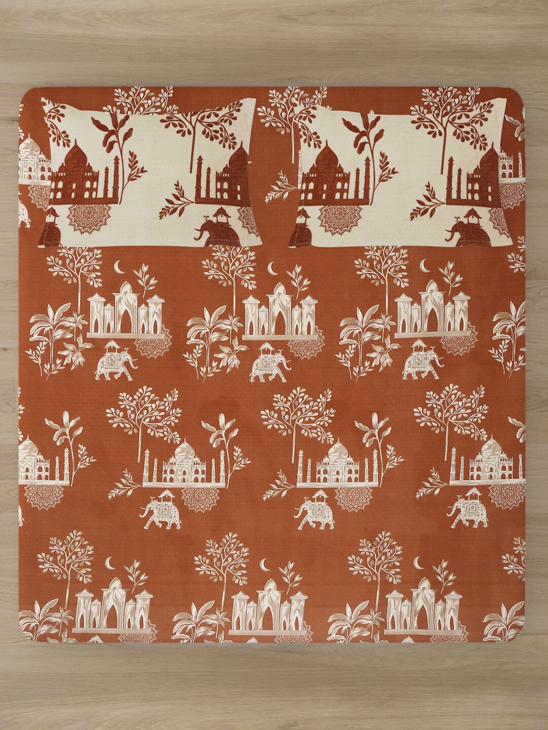 Rajasthan Decor Rust & Cream Printed Cotton 160 TC King Bedsheet with 2 Pillow Covers - Distacart