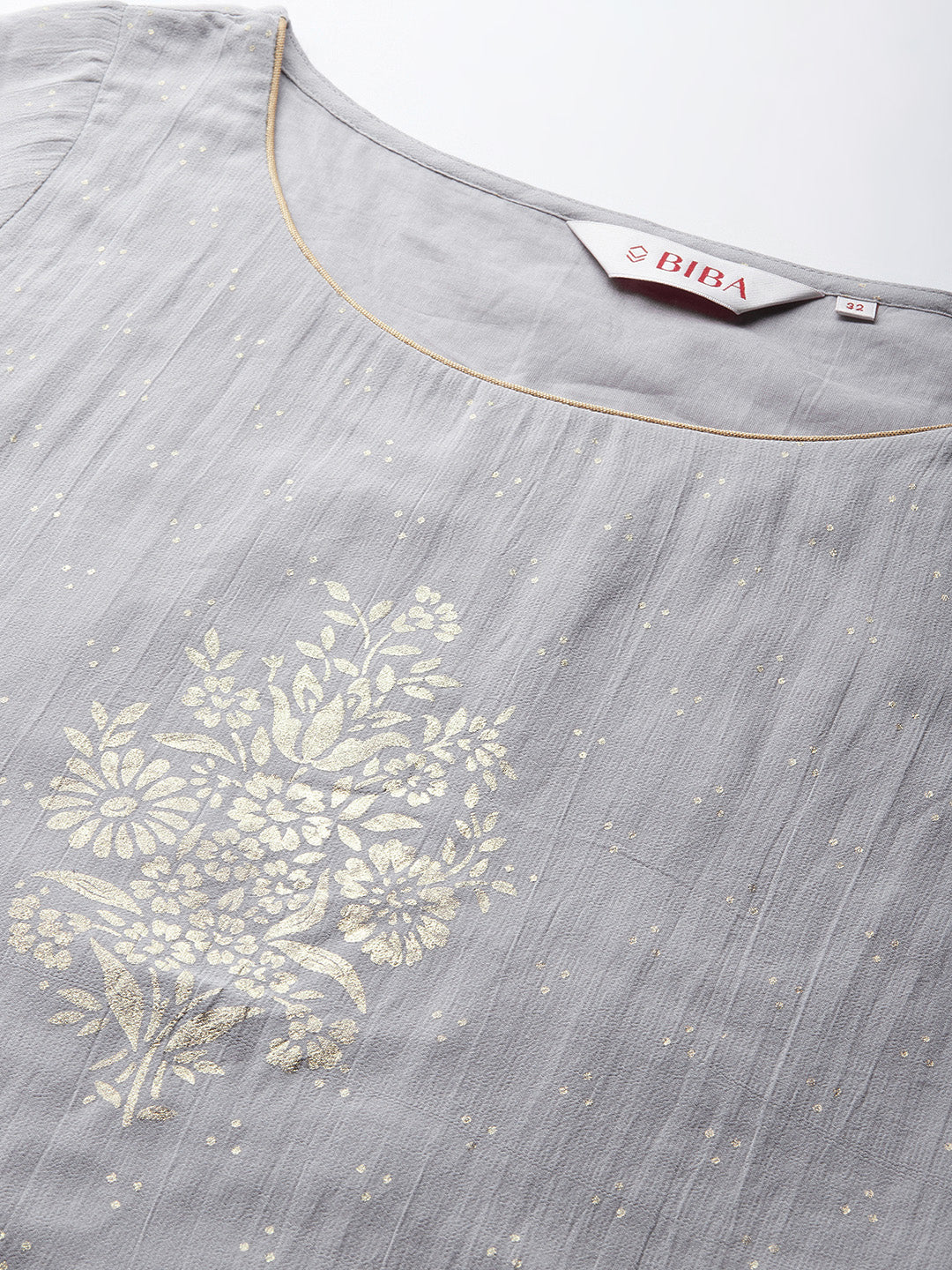 Biba Women Grey & Golden Floral Printed Straight Kurta - Distacart