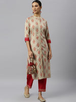 Thumbnail for Khushal K Women Cream-Coloured Ethnic Motifs Printed Regular Gotta Patti Kurta with Palazzos - Distacart
