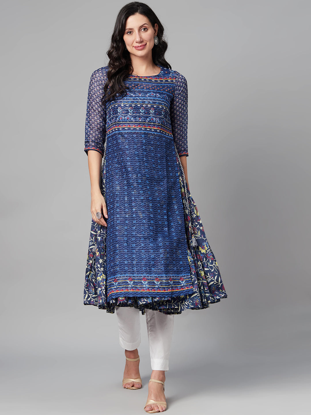 Biba Women Blue & Red Layered Ethnic Motifs Printed Kurta - Distacart
