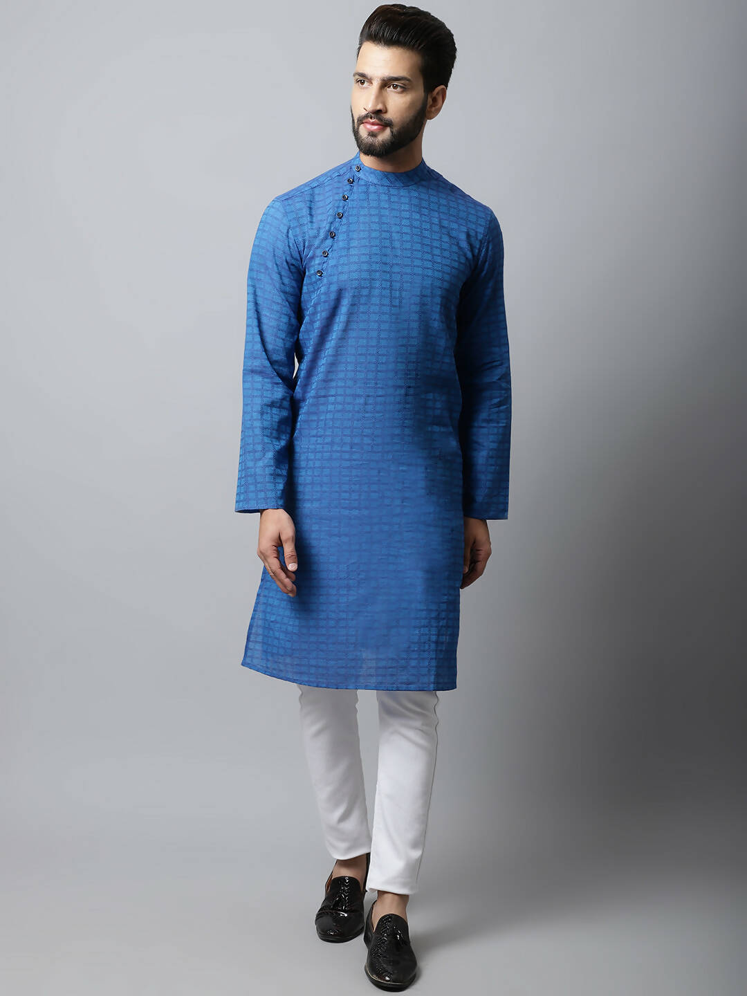 Even Apparels Blue Color Pure Cotton Men's Kurta With Band Collar (CHK1198) - Distacart
