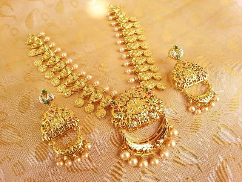 Gold Plated Multicolor Lakshmi Kasu Necklace Set